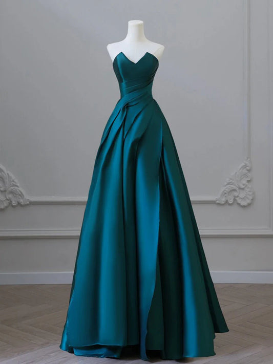 A-Line Satin Green Long Prom Dress, Green Satin Long Formal Dress ED01268