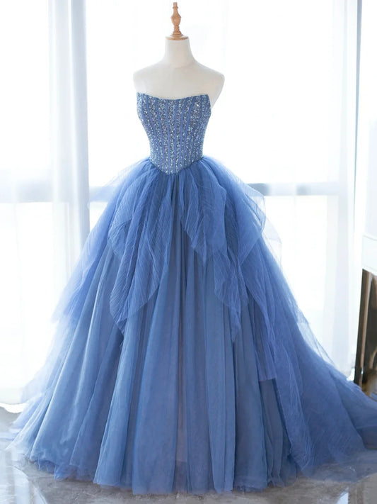 Magnifique robe de bal longue en tulle bleu, coupe trapèze, sans bretelles, à paillettes, ED01269