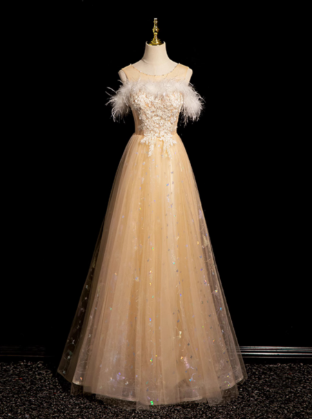 A-line Crew Neck Tulle Embroider Sequins Long Prom Dress, Dark Champagne Formal Dress ED01271