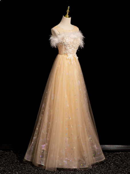 A-line Crew Neck Tulle Embroider Sequins Long Prom Dress, Dark Champagne Formal Dress ED01271