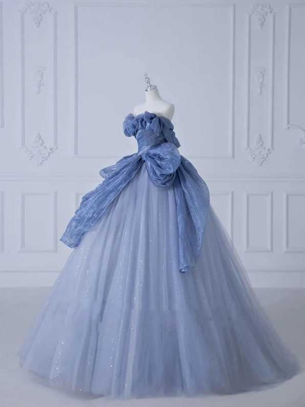 A-line Off-Shoulder Tulle Sequins Long Prom Dress, Dusty Blue Formal Dress ED01272