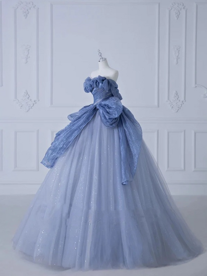 A-line Off-Shoulder Tulle Sequins Long Prom Dress, Dusty Blue Formal Dress ED01272
