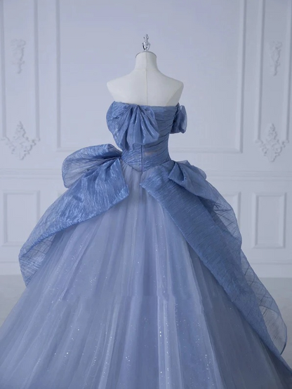 A-line Off-Shoulder Tulle Sequins Long Prom Dress, Dusty Blue Formal Dress ED01272