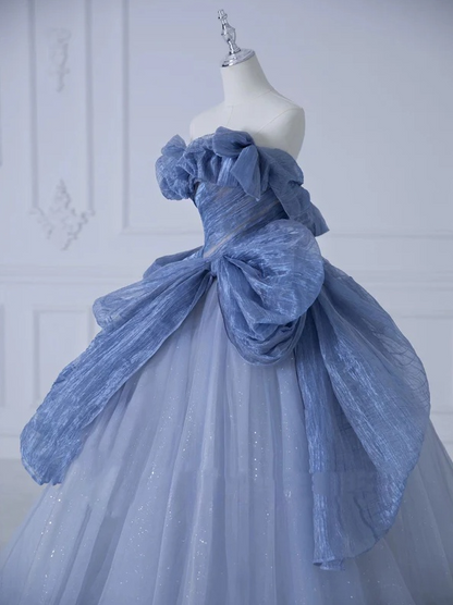A-line Off-Shoulder Tulle Sequins Long Prom Dress, Dusty Blue Formal Dress ED01272