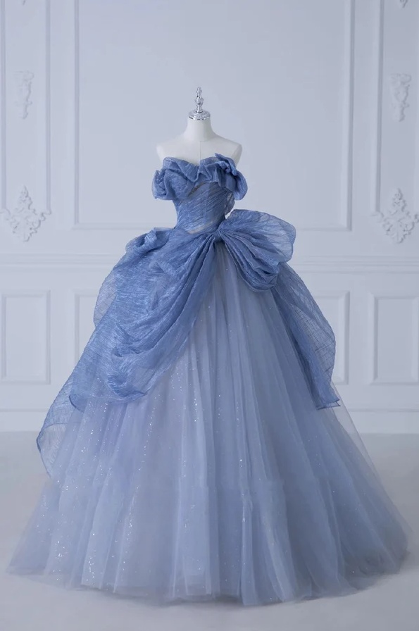 A-line Off-Shoulder Tulle Sequins Long Prom Dress, Dusty Blue Formal Dress ED01272