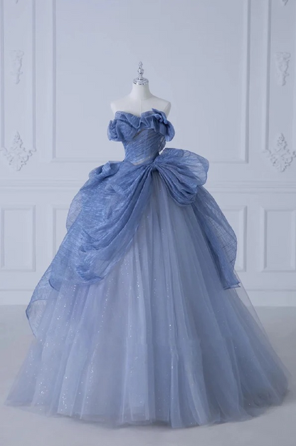 A-line Off-Shoulder Tulle Sequins Long Prom Dress, Dusty Blue Formal Dress ED01272