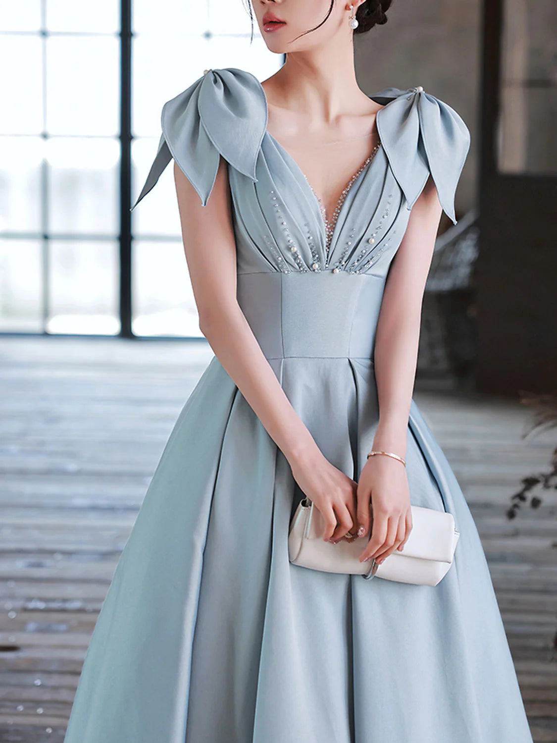 Blue A-Line V Neck Satin Beads Long Prom Dress, Blue Evening Dress ED01274