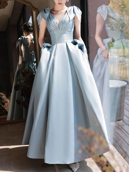 Blue A-Line V Neck Satin Beads Long Prom Dress, Blue Evening Dress ED01274