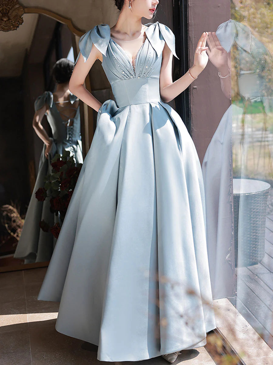 Blue A-Line V Neck Satin Beads Long Prom Dress, Blue Evening Dress ED01274