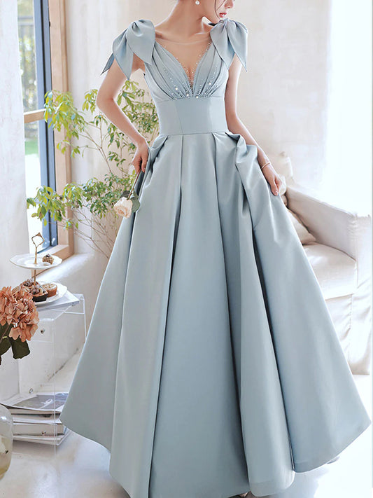 Blue A-Line V Neck Satin Beads Long Prom Dress, Blue Evening Dress ED01274