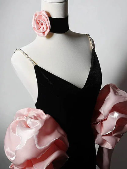 Robe de bal longue noire en velours à col en V et sirène, robe de soirée noire ED01278