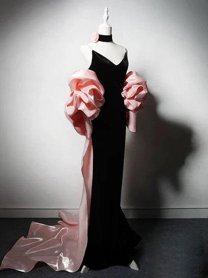 Robe de bal longue noire en velours à col en V et sirène, robe de soirée noire ED01278