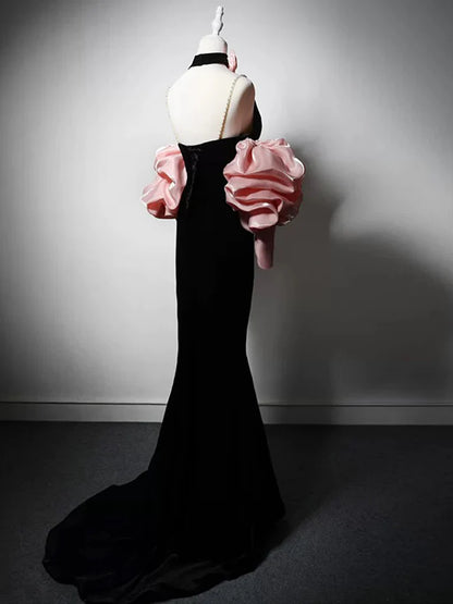 Robe de bal longue noire en velours à col en V et sirène, robe de soirée noire ED01278