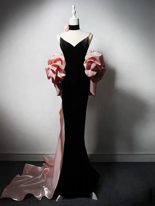 Robe de bal longue noire en velours à col en V et sirène, robe de soirée noire ED01278