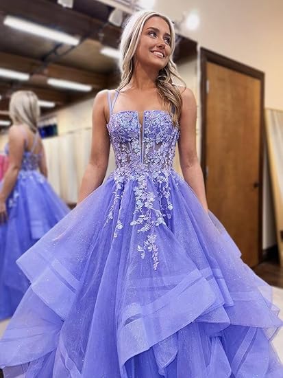 Purple A-Line Tulle Lace Long Prom Dress, Purple Long Graduation Dress ED01280