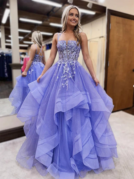 Purple A-Line Tulle Lace Long Prom Dress, Purple Long Graduation Dress ED01280
