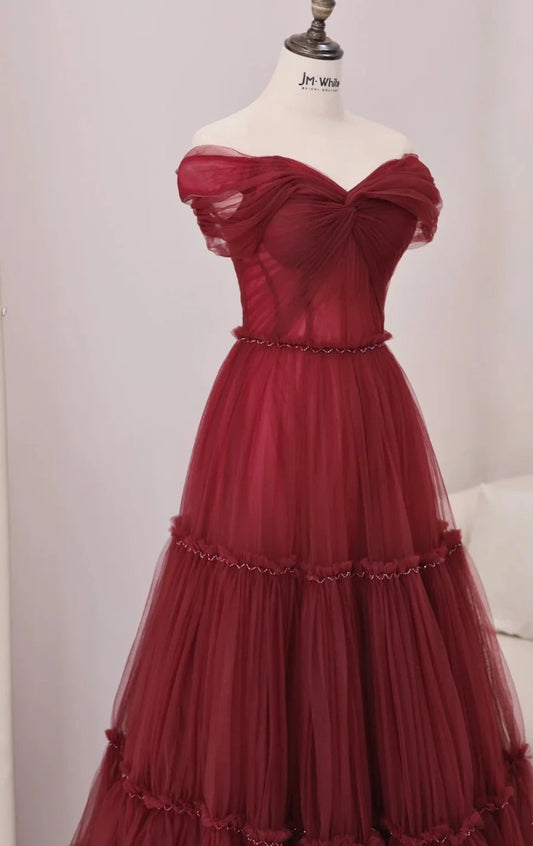 Robe de bal longue bordeaux en tulle, coupe trapèze, épaules dénudées, robe de soirée longue bordeaux ED01283