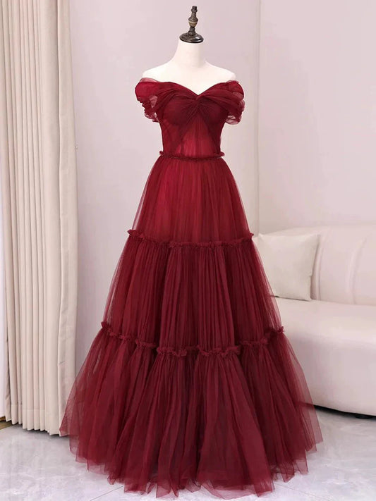 Robe de bal longue bordeaux en tulle, coupe trapèze, épaules dénudées, robe de soirée longue bordeaux ED01283