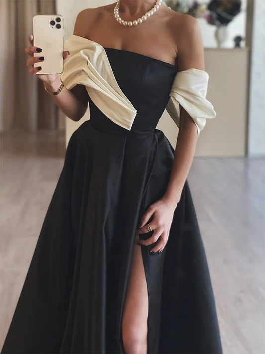 Robe de bal longue noire en satin coupe trapèze, épaules dénudées, robe de soirée longue noire ED01284