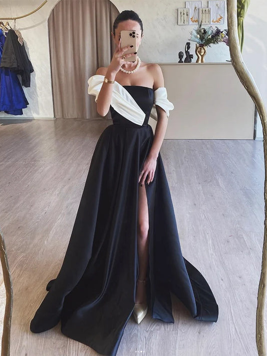 Robe de bal longue noire en satin coupe trapèze, épaules dénudées, robe de soirée longue noire ED01284