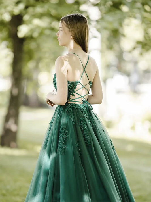 Robe de bal longue vert foncé coupe trapèze en tulle et dentelle, dos nu, robe de soirée longue verte ED01285