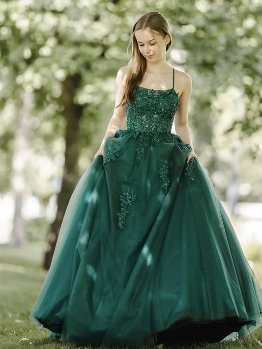 Robe de bal longue vert foncé coupe trapèze en tulle et dentelle, dos nu, robe de soirée longue verte ED01285