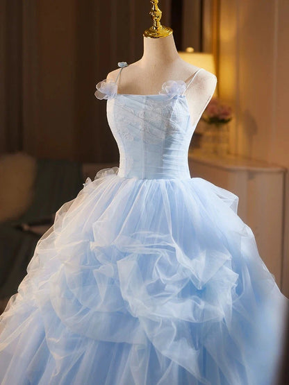 Blue A-Line Spaghetti Strap Tulle Lace Long Prom Dress, Blue Long Sweet 16 Dress ED01286
