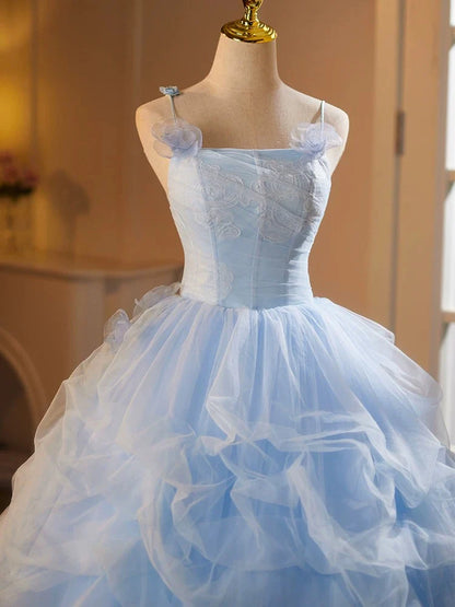 Blue A-Line Spaghetti Strap Tulle Lace Long Prom Dress, Blue Long Sweet 16 Dress ED01286