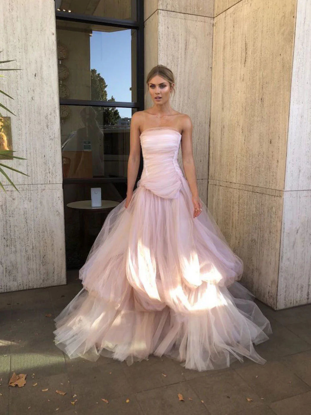 Robe de bal longue en tulle rose clair, robe de soirée en tulle rose ED01288