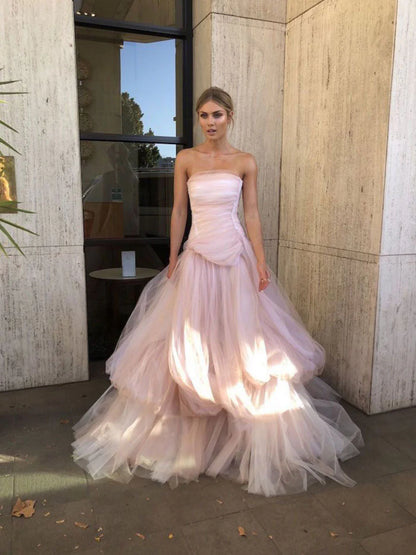 Robe de bal longue en tulle rose clair, robe de soirée en tulle rose ED01288