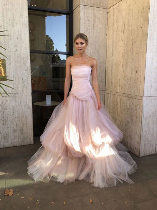 Robe de bal longue en tulle rose clair, robe de soirée en tulle rose ED01288