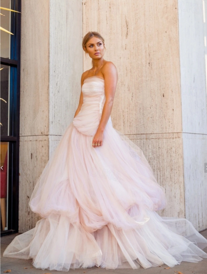 Robe de bal longue en tulle rose clair, robe de soirée en tulle rose ED01288