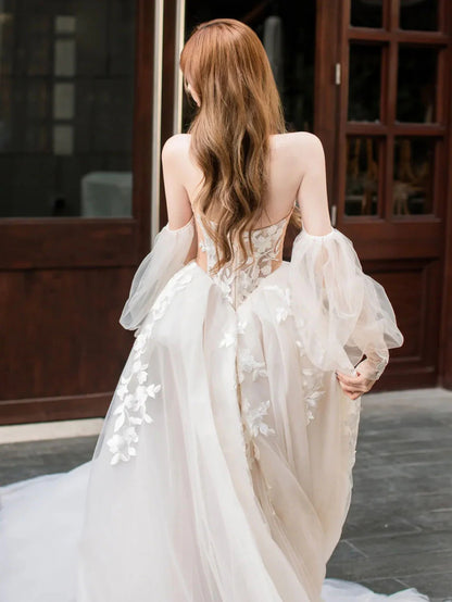 Champagnerfarbenes langes Ballkleid aus Spitzentüll, Champagnerfarbenes Hochzeitskleid ED01289