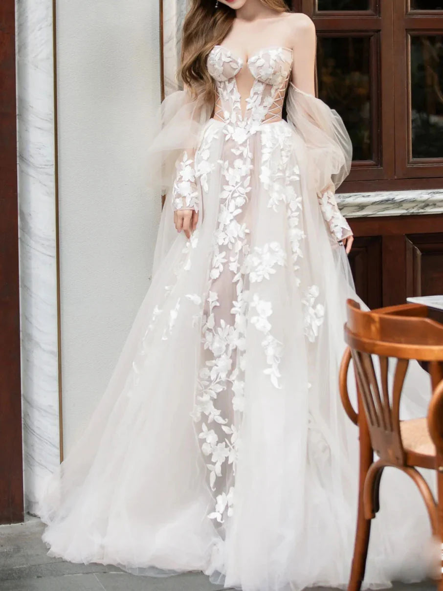 Champagnerfarbenes langes Ballkleid aus Spitzentüll, Champagnerfarbenes Hochzeitskleid ED01289