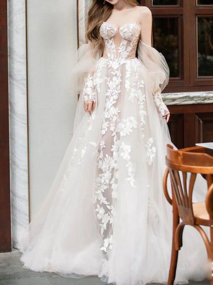 Champagnerfarbenes langes Ballkleid aus Spitzentüll, Champagnerfarbenes Hochzeitskleid ED01289