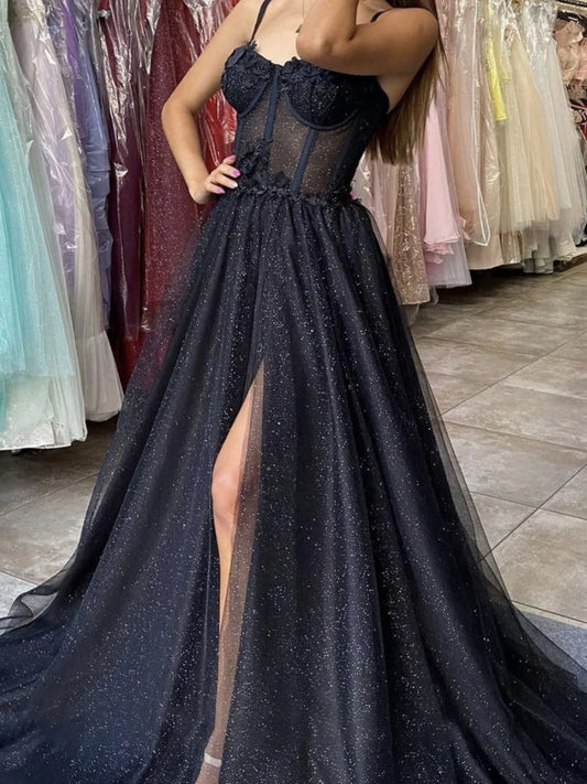 Robe de bal longue en tulle noir à paillettes, robe de soirée en tulle noir ED01290