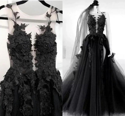 Schwarzes A-Linien-Brautkleid mit Tüllspitze und Applikationen, ärmellos, rückenfrei, Schleppe ED01292