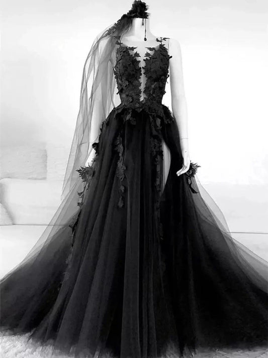 Black A-Line Tulle Lace Appliques Sleeveless,Backless Train Wedding Dresses ED01292