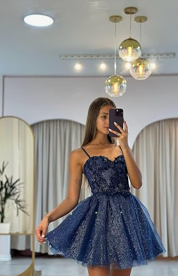 A-Line Sweetheart Neck Tulle Lace Short Prom Dress, Dark Blue Homecoming Dress ED01294