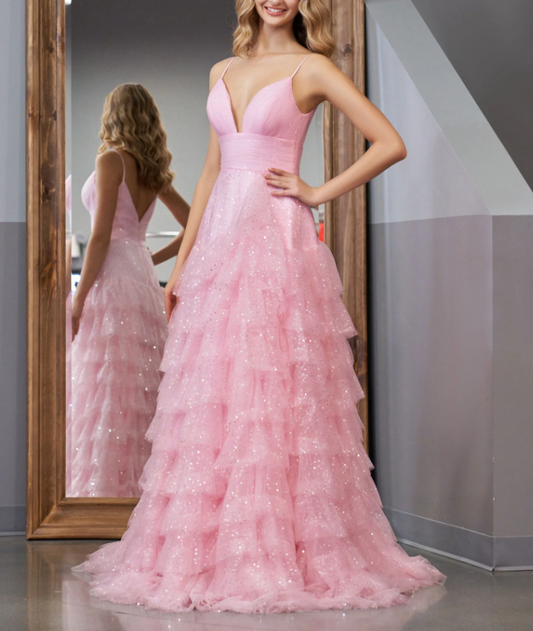 Light Pink A-Line Tiered Spaghetti Straps Tulle Prom Dress,Light Pink Sweet 16 Dress ED01294