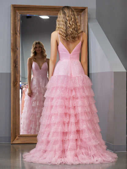 Light Pink A-Line Tiered Spaghetti Straps Tulle Prom Dress,Light Pink Sweet 16 Dress ED01294