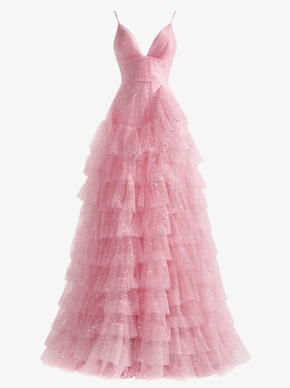 Light Pink A-Line Tiered Spaghetti Straps Tulle Prom Dress,Light Pink Sweet 16 Dress ED01294