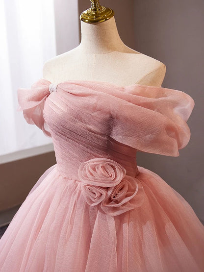 A-Line Off Shoulder Tulle Pink Long Prom Dress, Pink Long Formal Dress ED013