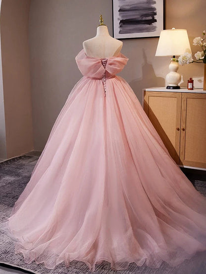 A-Line Off Shoulder Tulle Pink Long Prom Dress, Pink Long Formal Dress ED013