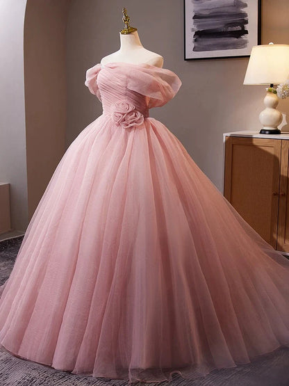 A-Line Off Shoulder Tulle Pink Long Prom Dress, Pink Long Formal Dress ED013