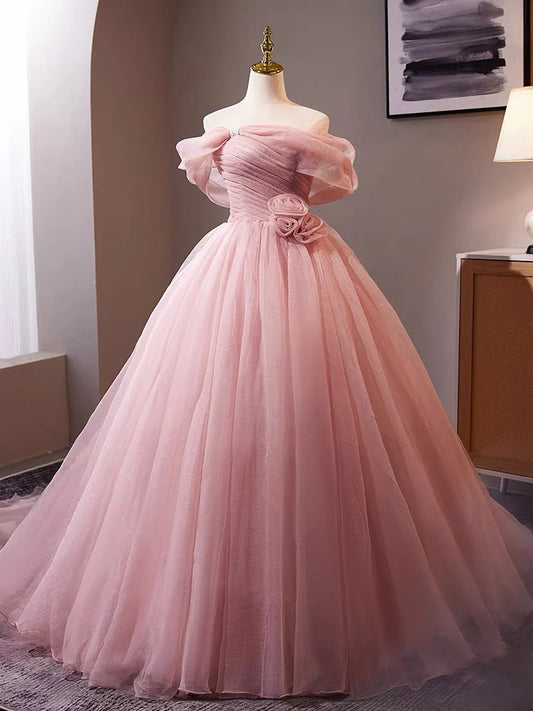 A-Line Off Shoulder Tulle Pink Long Prom Dress, Pink Long Formal Dress ED013