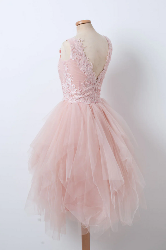 Ballkleider, rosa kurzes Ballkleid mit V-Ausschnitt und Tüllspitze, rosa Homecoming-Kleid ED01302