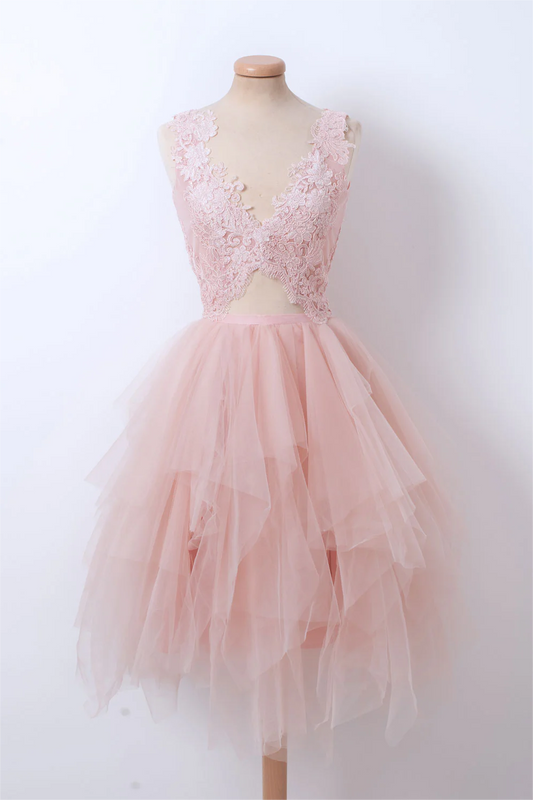 Ballkleider, rosa kurzes Ballkleid mit V-Ausschnitt und Tüllspitze, rosa Homecoming-Kleid ED01302