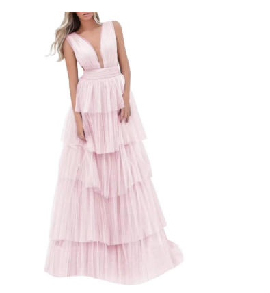 Robe de bal rose clair à volants et col en V ED01303