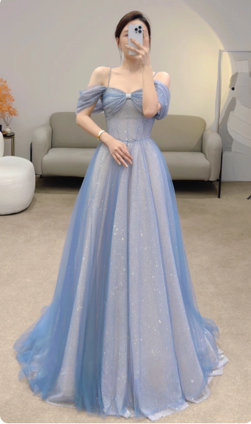 Blue A-Line Tulle Sequins Pearls Spaghetti Straps Prom Dress,Blue Formal Prom Dress ED01307